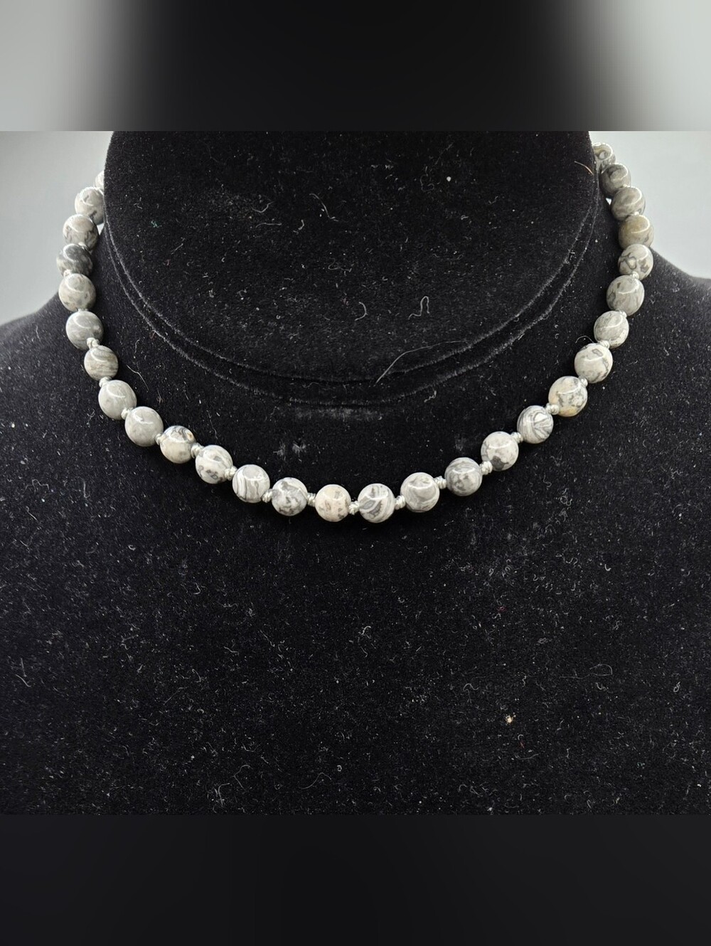Picasso Jasper Necklace - Child Size Hand Knotted Grey/white 6mm